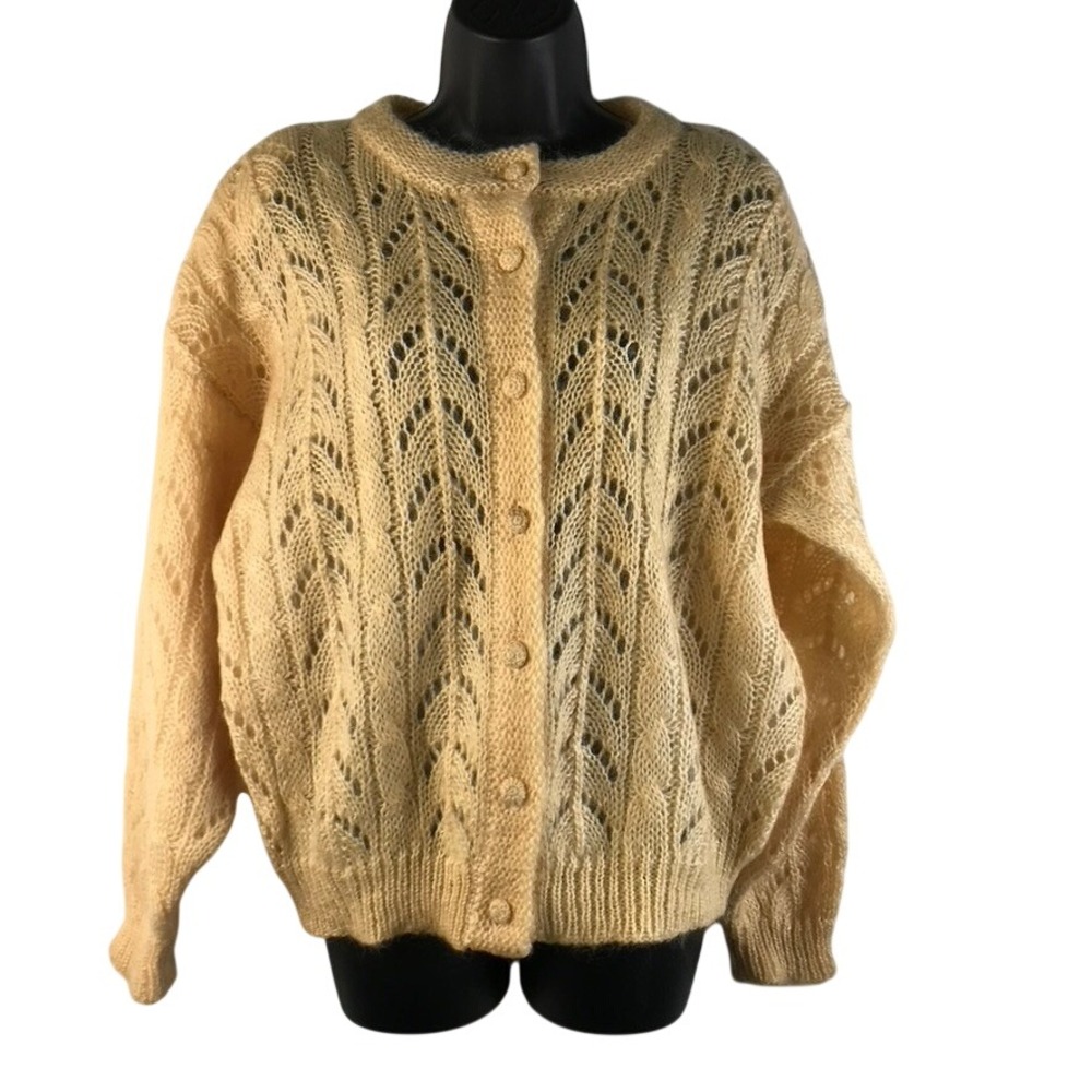 Vintage Cape Isle Knitters Lg‎ Mohair Blend Pointelle Cardigan Yellow Open Knit